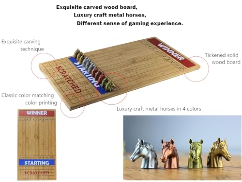 Metal Horse Race Board Game Set with Horse Racing Thick & Solid Wood Game Board(22”/Natrual),11 Luxurious with 4Antique(Gold,Silver,Red Cooper&Bronze) Metal Craft Horses, Dice&Cards (HR-F554) - color: Hr-f554