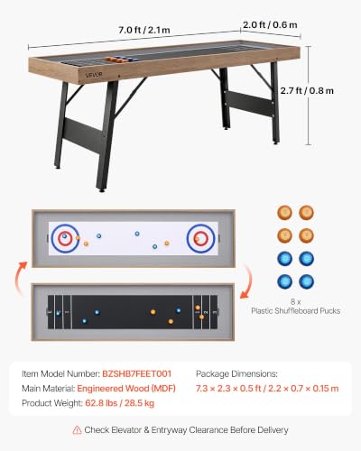 VEVOR 7 ft Shuffleboard Table, 2 in 1 Shuffleboard and Tabletop Curling Combo Game, Compact Shuffle Board with Smooth Surface, Folding Legs, 8 Pucks, Easy to Disassemble and Move, for Family Game Room