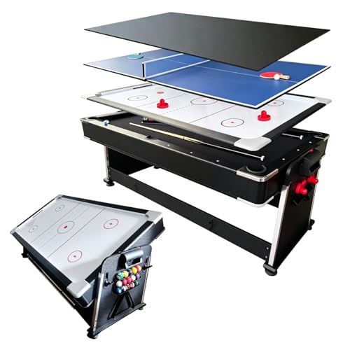 7FT Pool Table Air Hockey Table Ping Pong Table Dining Table Combo,4in1 Multi Game Table with Easy Flip Top,Billiards Table Tennis Set High-Performance Airflow Accessories for Indoor/Outdoor use. - color: Black