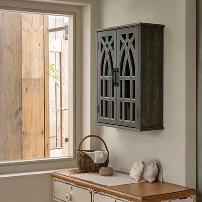 LKTART Solid Wood Wall Mounted Bathroom Cabinet,Hanging Kitchen Cabinet | Farmhouse Wall Mounted Wood Storage Cabinet;Window Pane Glass Door;Adjustable Shelves;Kitchen;Bathroom;Dining Room - color: Antique Black