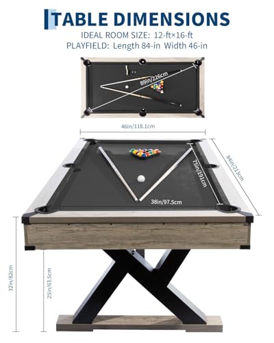 7 FT Professional Billiard Table for Home & Game Room, K-Leg Pool Table with Complete Accessories Set (2 Cues, 16 Balls, 2 Chalks, Triangle, Brush), Rustic Grey Finish, 84 x 46 x 32 Inch - color: black