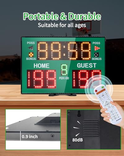Basketball Digital Scoreboard with Remote,Battery Powered Portable Tabletop Electronic Scoreboard with 75dB Buzzer,Countdown Timer & Score for Games - style: green
