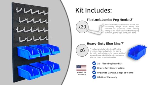 WallPeg Nerf Organizer Accessories – Pegboard Bins and Jumbo Peg Hooks Set – 6 Large Cobalt Blue Storage Bins & 20 Jumbo Peg Hooks – Nerf Storage System for Blasters, & Darts – Made in USA