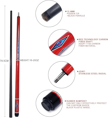 Carbon Fiber Pool Cue – 12.9mm, 14mm and 12.4mm, 2-Piece Billiard Cue Stick for Women/Men, Professional Break Cue for Snooker, 8-Ball, 9-Ball, Home & Club Use - color: Red 1