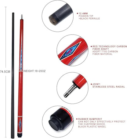 Carbon Fiber Pool Cue – 12.9mm, 14mm and 12.4mm, 2-Piece Billiard Cue Stick for Women/Men, Professional Break Cue for Snooker, 8-Ball, 9-Ball, Home & Club Use - color: Red 1