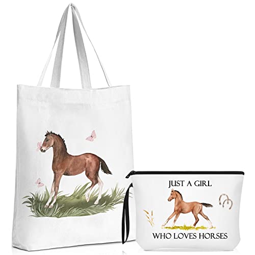 Sieral 2 Pcs Animal Lover Bag Gift for Women Travel Canvas Tote Portable Zipper Pouch Canvas Reusable Grocery Tote - style: Horse