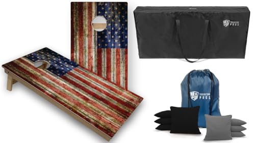 Tournament Grade Tailgating Pros American Flag Wooden Plank Design Cornhole Board Set w/Bean Bags and Carrying Case - 4'x2' Corn Hole Toss Game w/Built in Lights - color: Black / Grey