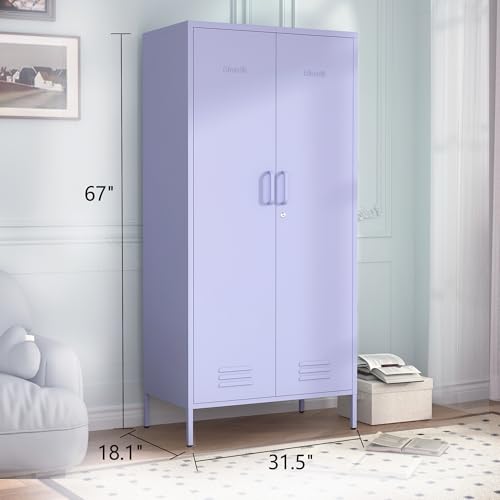 Industrial 67" Purple Lockable Metal 2-Door Storage Cabinet, Multi-Purpose Wardrobe with Hanging Rod & Adjustable Shelves, Heavy Duty for Bedroom, Garage, Home Office 67"H X 31.5"W X 18.1"D - color: Lilac, style: Wardrobe-67"H-JS