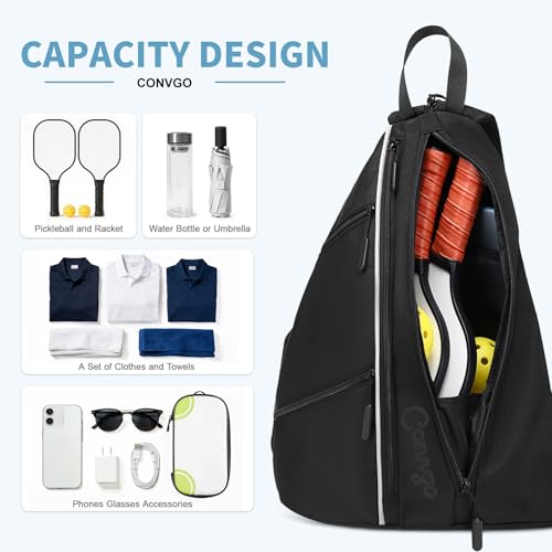 Pickleball Bag for Women Men, Adjustable Pickleball Backpack, 2 in 1 Sports Sling Bag for Pickleball Tennis - color: Black