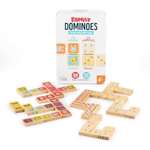 Chuckle & Roar Wooden Double-Sided Domino Set - 28 Piece, Metal Storage Tin, Ages 4 & Up - Animal Matching Board Games for Family Play - Classic Games - Dominoes for Kids & Adults