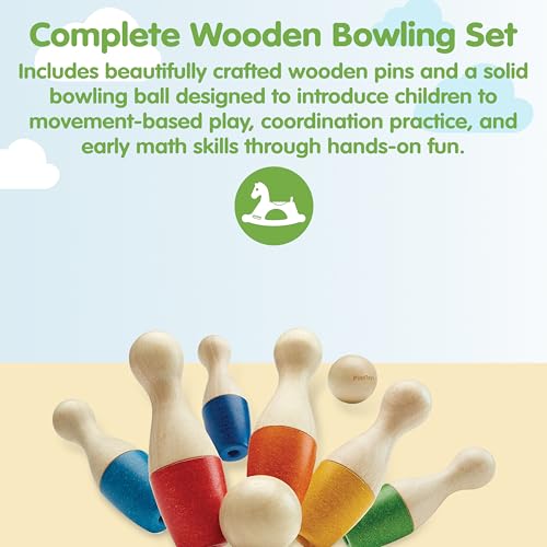 PlanToys® Bowling Set Wooden Montessori Gross Motor and Coordination Toy | Movement, Concentration and Early Math Learning Activity | Eco Friendly Indoor and Outdoor Bowling Game