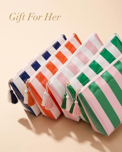 LETGO Green Pink Striped Waterproof PVC Beach Makeup Bag with Tassel Zipper, Large Preppy Coastal Summer Beach Vacation Travel Toiletry Cosmetic Pouch for Women(Green Pink) - color: Green Pink