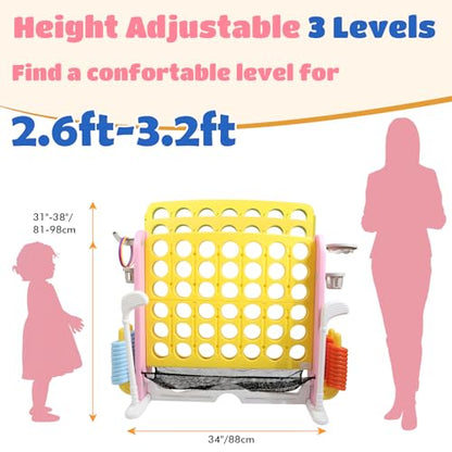 Ancaixin Giant 4 in-A-Row Connect Game Set, Adjustable Height Jumbo Yard Game with Basketball Hoop, Golf, Mesh Pocket & Ring Toss, Indoor Outdoor Family Backyard Party Game for Kids and Adults, Yellow - color: Yellow