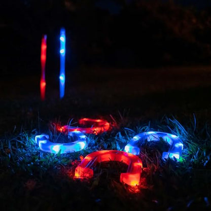 YARDCANDY After Dark Illuminated Horseshoes - Complete with 2 Weighted Blue LED Horseshoes, 2 Weighted Red LED Horseshoes and 2 LED Stakes. Perfect for Play Both Day or Night.