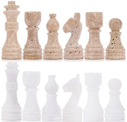 Marble Chess Pieces 3.5 Inch Travertine and White Stone Chess Figures for Chess Board, Draughts & Travel Set, Ideal Strategy Board Games for Adults & Table Top Game Accessories - color: Travertine & White