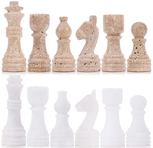 Marble Chess Pieces 3.5 Inch Travertine and White Stone Chess Figures for Chess Board, Draughts & Travel Set, Ideal Strategy Board Games for Adults & Table Top Game Accessories - color: Travertine & White