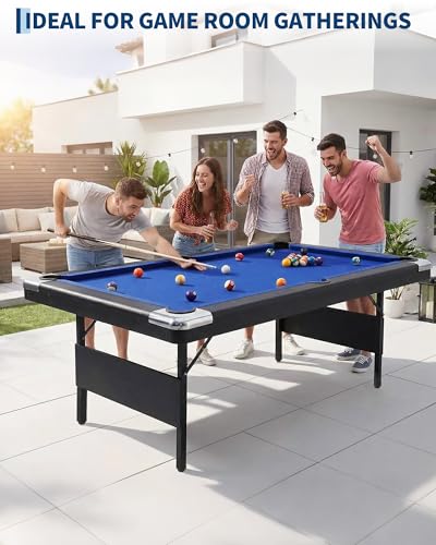 6/7 ft Pool Table, Folding Billiard Table, Portable Pool Tables with Billiard Balls, 2 Cue Sticks, Felt Brush & Chalk for Family Game Room & Home Recreation - color: Blue-6FT