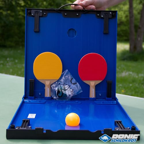 Donic-Schildkröt 838576 Mini Table Tennis Table Top Complete Set with 2 Bats and 1 Ball Foldable Plate – Briefcase Size – Blue Plate Dimensions 68 x 33 x 9 cm