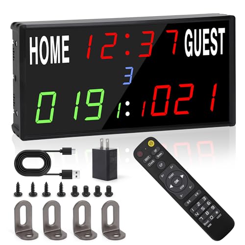 LED Electronic Scoreboard Digital Score Keeper with Remote/Timer/Shot Clock,Portable Basketball Scoreboard with 40-Foot Remote Control ,100FT VISIBLE,24H Clock,Score History,6 Brightness,3 Placements - color: black