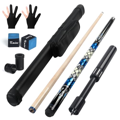 Kmise Professional Pool Cue Stick, 18 19 20oz Canadian Maple Cue Sticks, Low Deflection Shaft with Telescopic Carbon Fiber Extension Cue-Grid - color: blue, style: 20OZ