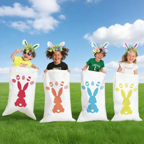 12 PCS Easter Potato Sack Race Bags with Headbands for All Ages Kids Easter Bunny Theme Party Favor,Easter Eggs Hunt Games Party Supplies Birthday Carnival Backyard Activities(6 Styles)