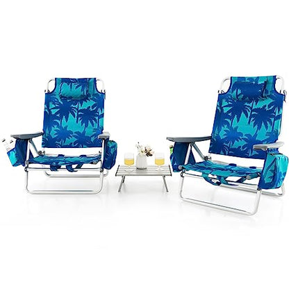 Tangkula Backpack Beach Chair with Table, 5-Position Lay Flat Beach Chairs with Cooler Bag, 2 Cup Holders, Towel Bar, Lightweight Low Folding Beach Chair with Backpack Straps - color: Light Blue, style: 2 Pack with Table