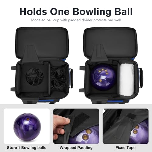 Single Roller Bowling Bag with Wheels, 1 Bowling Ball Bag with Separate Shoe Compartment and Retractable Handle Extends to 37.0 Inches, Padded Foam Ball Insert - color: Blue