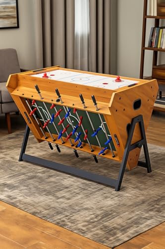 3-in-1 Game Table with Rotating Design, Including Billiards, Table Football, and air Hockey Table, for Indoor Entertainment Center - color: Wood color