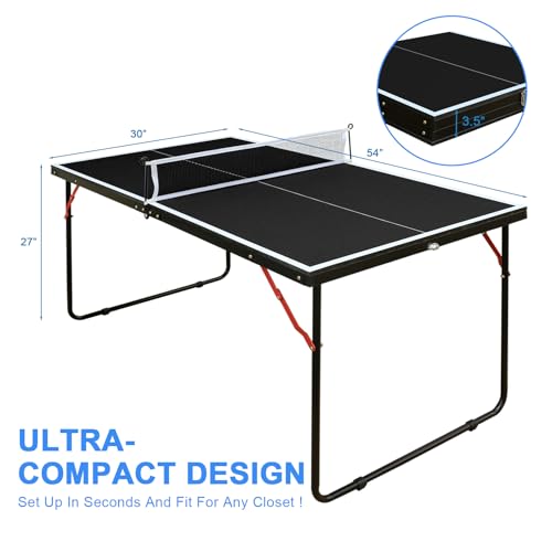 KEIKI 4.5FT Foldable Ping Pong Table, Portable Table Tennis Table with Net & Paddles, Compact Indoor Game Table for Home, Office, Party, Space-Saving Ping Pong Table - color: Black