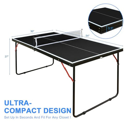 KEIKI 4.5FT Foldable Ping Pong Table, Portable Table Tennis Table with Net & Paddles, Compact Indoor Game Table for Home, Office, Party, Space-Saving Ping Pong Table - color: Black