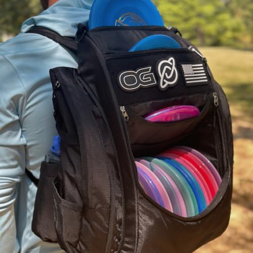 Discology Disc Golf OG Black V3 Disc Golf Bag | 26+ Disc Capacity | Premium Disc Golf Backpack Bag | Durable Design | 2 Large Side Compartments | Three Patches Included
