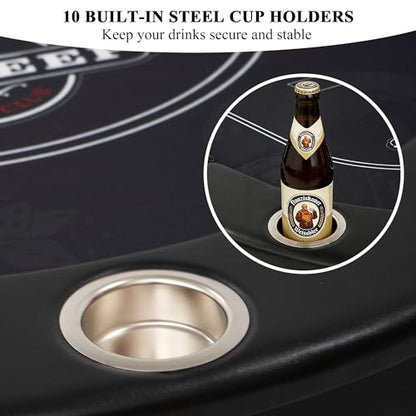 RAYKEEP 84" Poker Table for 10 Players, Foldable Texas Holdem Table with Padded Rails & 10 Cup Holders, Portable Casino Board Game Table for Game Room, Blackjack, Party (Black) - color: 84“