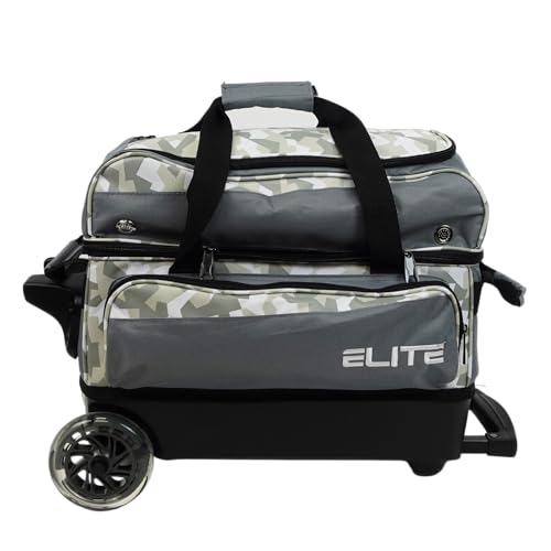 ELITE Deluxe 2 Ball Bowling Bag with 5" Smooth Wheels - Large Accessory Pocket, Shoe Compartment, 36" Extendable Handle - color: Grey Camo