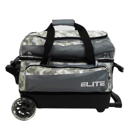 ELITE Deluxe 2 Ball Bowling Bag with 5" Smooth Wheels - Large Accessory Pocket, Shoe Compartment, 36" Extendable Handle - color: Grey Camo