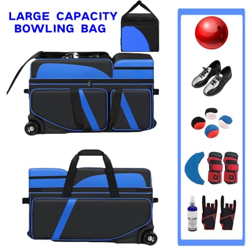4 Ball Bowling Bags with Wheels, Bowling Ball Bag with Multi-Pockets,4 Ball Bowling Bag with Secure Buckle Fixed Ball Cup & Shoe Compartment,3 Ball Bowling Bag+1 Ball Color Matching Add On Tote - color: blue 3+1