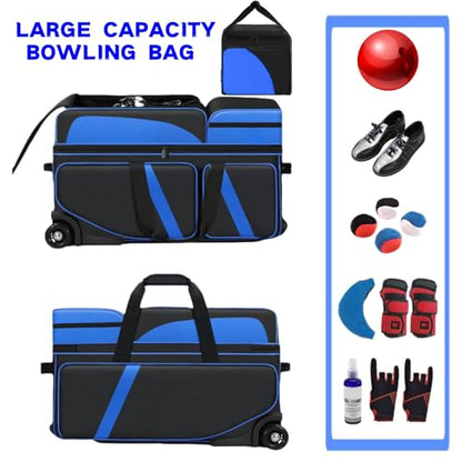 4 Ball Bowling Bags with Wheels, Bowling Ball Bag with Multi-Pockets,4 Ball Bowling Bag with Secure Buckle Fixed Ball Cup & Shoe Compartment,3 Ball Bowling Bag+1 Ball Color Matching Add On Tote - color: blue 3+1