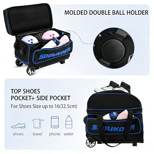 2 Bowling ball Bag with Wheels, Lightweight Trolley Double Ball Bowling bag with Large Separate Shoe Compartment and Oversized Accessory Pocket, Retractable Handle Extends To 39.5" - color: Black & Blue