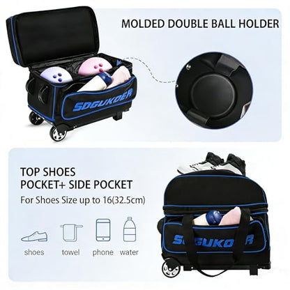 2 Bowling ball Bag with Wheels, Lightweight Trolley Double Ball Bowling bag with Large Separate Shoe Compartment and Oversized Accessory Pocket, Retractable Handle Extends To 39.5" - color: Black & Blue