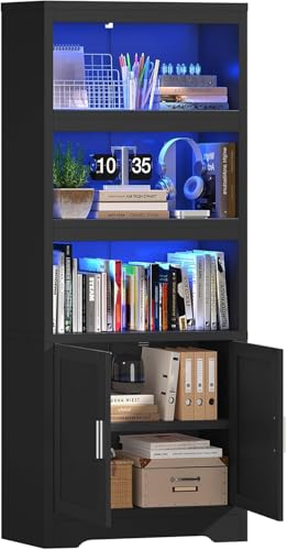 Book Shelf and Bookcase with Doors, 5-Tier Display Storage Cabinet with Adjustable Shelves, Open Compartments, Remote Control LED Lights, Tall cabinet for Bathroom Kitchen Living Room, Home Office - color: Black-01