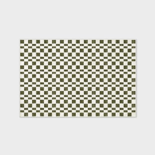 EVERGRACE Checkered Plaid Area Rug 6x9, Soft Fuzzy Faux Wool Rugs Washable Anti Slip Rugs Large Rug Carpet for Entryway Bedroom Living Room Hallway Kitchen Dining Room and Laundry Room, Olive Green - color: Olive Green, size: 6' x 9' (Rectangular)