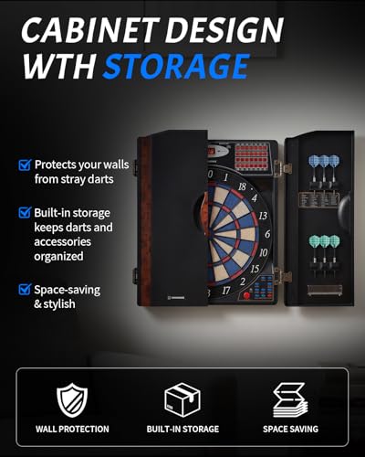 WIN.MAX Electronic Dart Board, Soft Tip Dartboard Cabinet Set for Adults, LED Scoring Dartboard with 38 Games & 211 Variants, Up to 16 Players, 12 Darts+40 Tips, Wall Mount for Bar Game Room Man Cave - style: Woodgrain