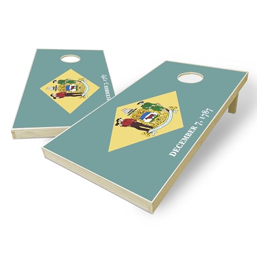 State Flag Solid Wood Regulation Cornhole Set 4 Feet x 2 Feet Includes Set of 8 Bags and Carrying Case with Optional LED Lights and Lamination - style: Delaware