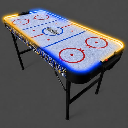 PartyLife 54" Portable Air Hockey Table w/Folding Steel Legs & Optional LED Lights - NEW & Improved - Powerful Motor, Smooth Surface, Very Sturdy - City Team Edition - color: Buffalo, style: w/ LED Lights