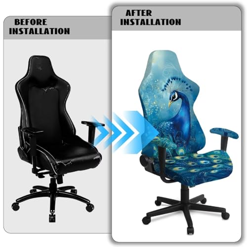 Peacock Print Gaming Chair Covers Slipcovers with Armrest Covers Skin Friendly Breathable Gamer Chair Cover Set of 4 Dust-Proof Machine Washable - color: Blue and Green - Peacock
