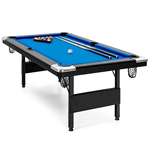 GYMAX Pool Table, 6FT Foldable Billiard Table with Complete Set of Balls, 2 Cue Sticks, Chalk & Felt Brush, Portable Indoor/Outdoor Pool Table for Adults Kids Family Game