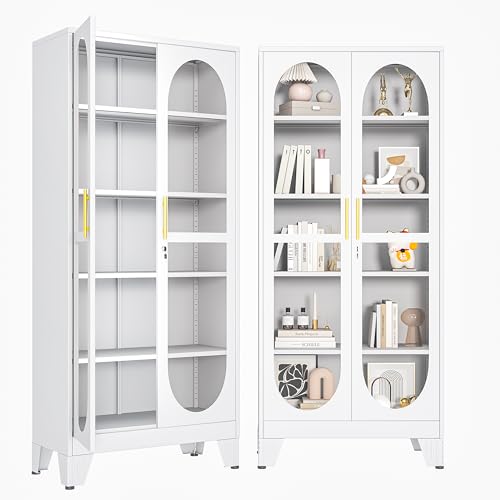 Display Cabinet with Glass Door, 71" Tall Storage Cabinet with 4 Adjustable Shelves, Metal Curio Cabinet Multi-Purpose Display Case for Collectibles Living Room/Bedroom/Kitchen/Bar - color: White, size: 71''H