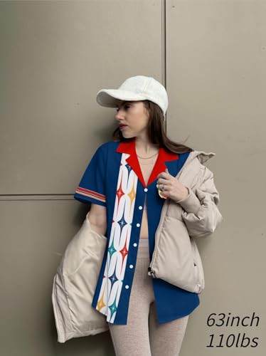 Bowling Shirts Women Hawaiian Bowling Shirt Bowling Lover Gift Tops Bowler Button Down Short Sleeve Tee - color: Blue, size: Small