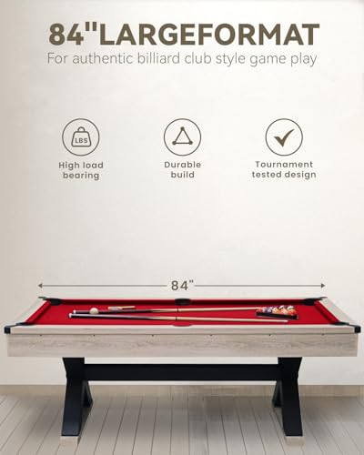 7ft Pool Table for Home, Billiard Table Set with Accessories - Includes 2 Cue Sticks, Balls, Triangle, Chalk & Brush - x-Leg Industrial Design for Game Room, Basement, Office, Apartment