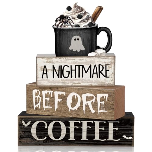Lineshading 4 Pcs Halloween Table Decorations Spooky Coffee Wooden Stacked Block Decor, "A Nightmare Before Coffee" Signs with Ghost Mug Topper, Halloween Tiered Tray Decor for Home Office Kitchen - style: A Nightmare Before Coffee
