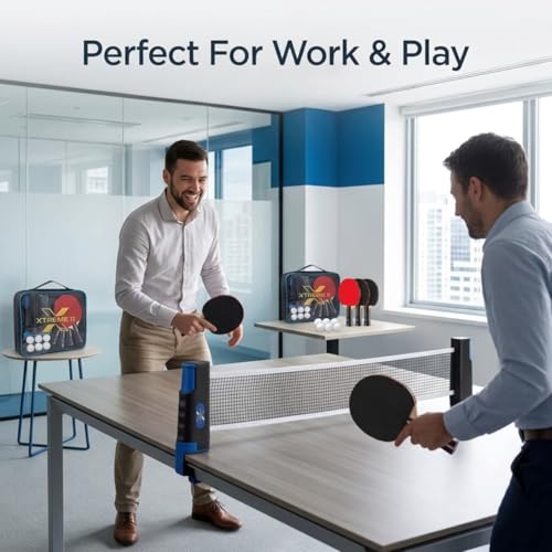 Pro Table Tennis Set, Retractable Net, Balls and Carry Case for Home, Office, Travel, Recreational, Professional Play - 4 Advanced Grade Paddles ITTF Certified Rubber & 6 Tennis Balls | ITTF Certified Rubber on the Paddle